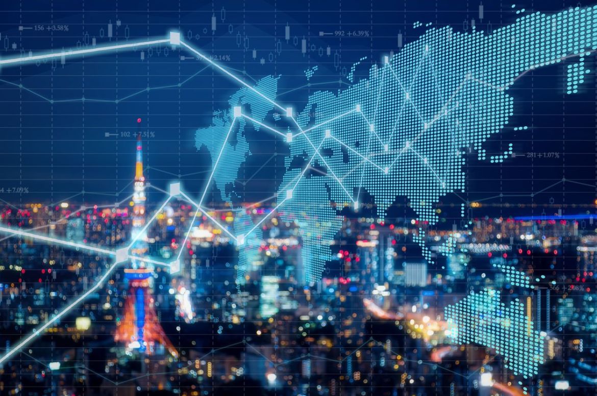 Futuristic earth map technology abstract with Tokyo background