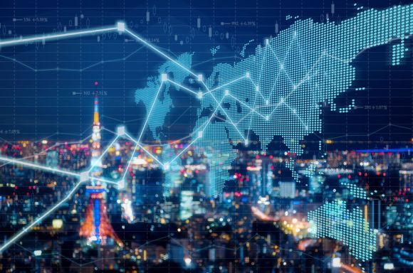 Futuristic earth map technology abstract with Tokyo background