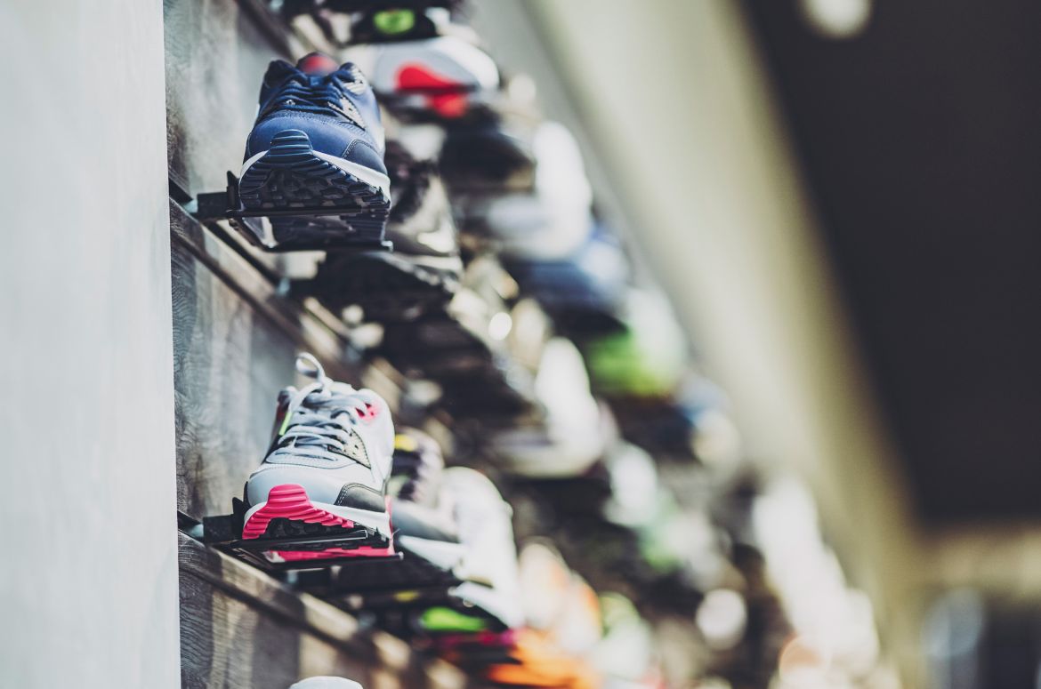 Sneakers in shoe shop
