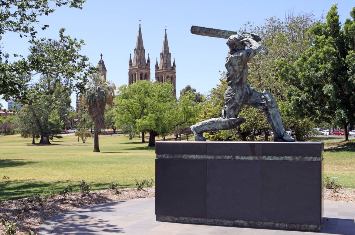 Statue of Cricket Star Sir Donald Bradman outside the Adelaide oval