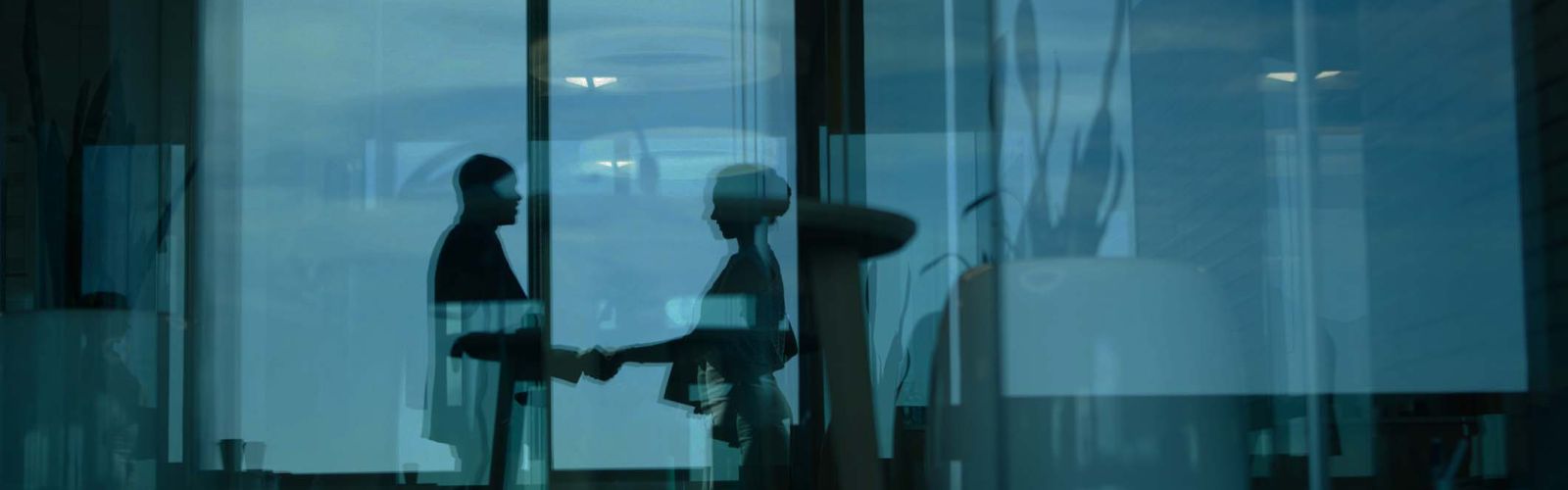 Silhouetted shot of two businesspeople shaking hands in an office