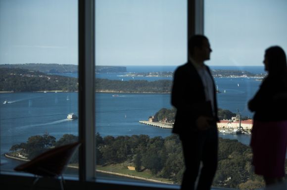 Male and female lawyer talking in Sydney
