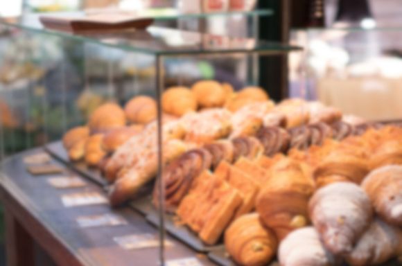 Pastries in bakery window