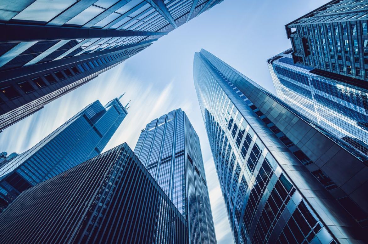 Corporate city buildings from below