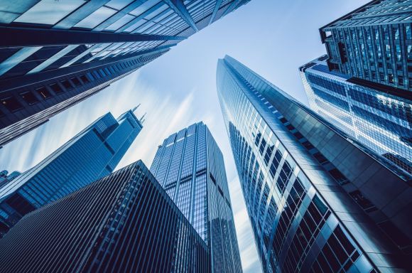 Corporate city buildings from below