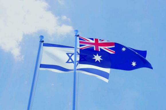 israel and australia two flags waving against blue sky picture id1131812096